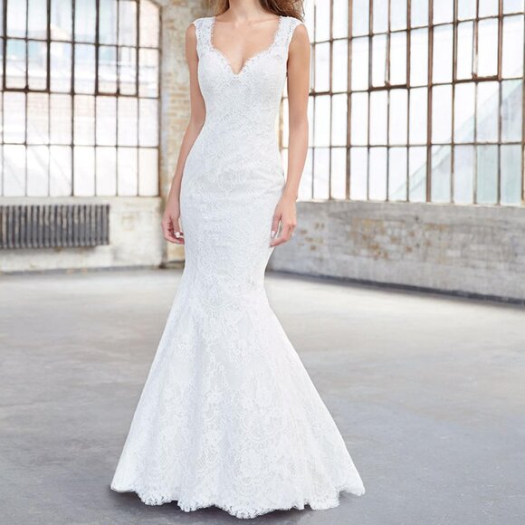 Mermaid Backless Ivory Wedding Dress, Romantic Boho Fitted Sexy Fit & Flare - Picture 1 of 9